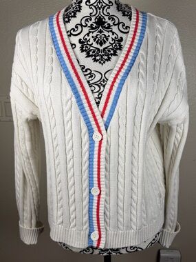 Prince Pickleball Cotton Cable Knit Cardigan Preppy Tennis Stripe Trim Sweater L